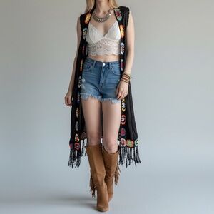 Kontrol Black Boho Crochet colorful granny square fringe coverup duster kimono